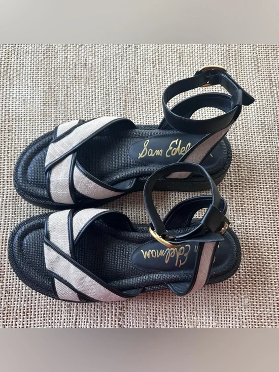 Sam Edelman Nylie Black Leather&Natural Linen Platform Ankle Strap Sandal.Size 8 - Picture 8 of 9